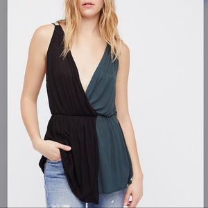 Free People Teal and Black deep V tank